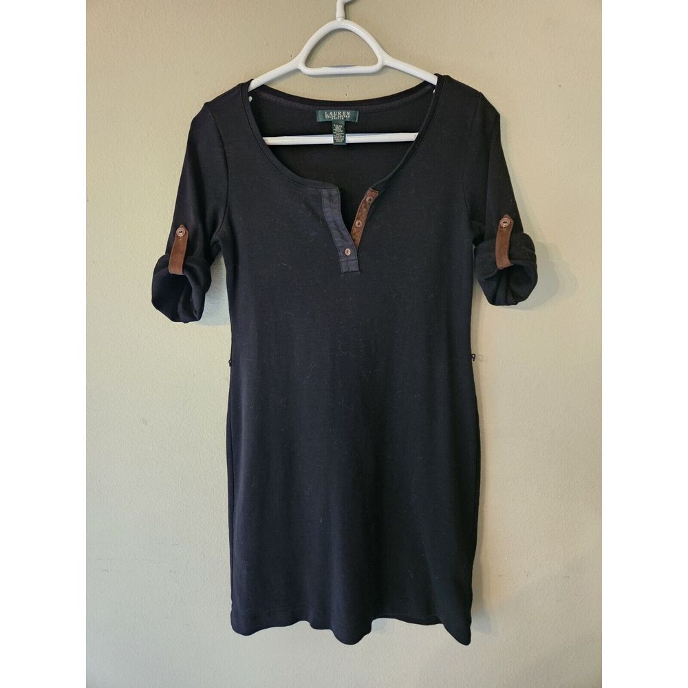 Ralph‎ Lauren Petite black Dress faux leather trim knit sheath petite Med Cotton